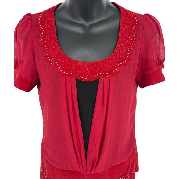 Burberry London Large Red Embellished Blouse Top Short Sleeve Scalloped Neck - Picture 2 of 8